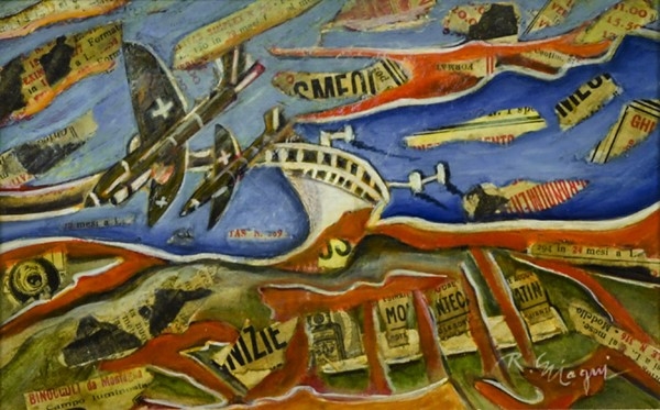 Artwork by Riccardo Magni, Aerei nemici sulla diga del sol, Made of Oil and collage on canvas paper