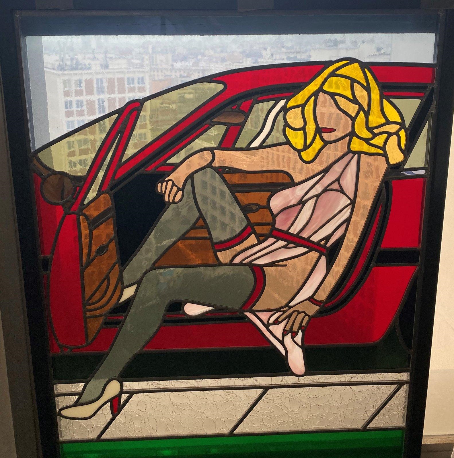 Artwork by Rick Michael, Red Car, Made of Stained glass