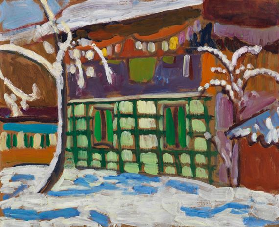 Haus mit Schneebäumen in Kochel. by Gabriele Münter, 1908/09.