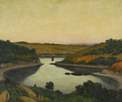 Barque et personnage près de l'anse en bord de rivière by Maurice Chabas