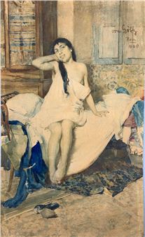 A figure in a white cloth sits on a bed with a blue curtain and patterned rug.