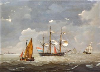 A three-master near a Dutch port, presumably Vlissingen - Engel Hoogerheyden