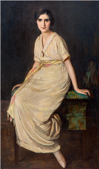 A full-length portrait of an elegant lady in a white dress - Isaac Michael Cohen