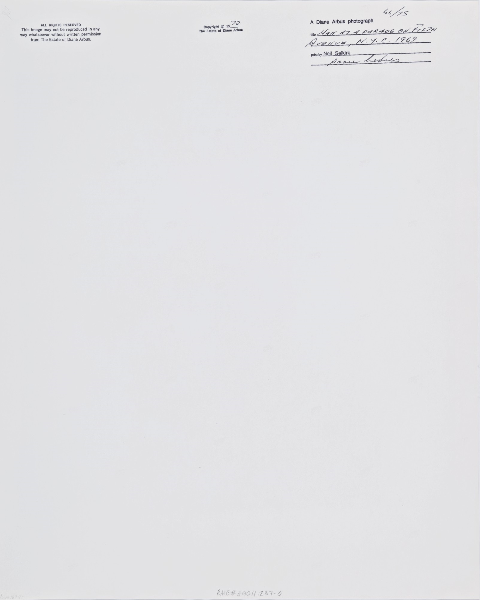 Artwork by Diane Arbus, 'Man at a Parade on Fifth Avenue, N. Y. C.', Made of gelatin silver print