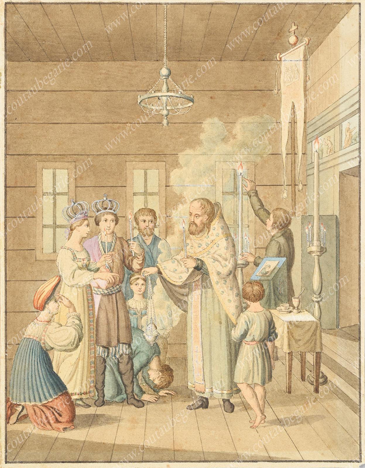 Artwork by Emel'ian Mikhailovich Korneev, Six Works: «Les Finlandais», «Le baptême», «La Princesse des Voguis», «Les Tatares sayons», «Les Lapons», «Le mariage russe»., Made of watercolors