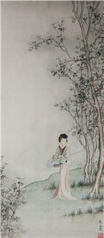 Two works: Woman in a boat leaning over lotuses ; Washerwoman - Qi Xin