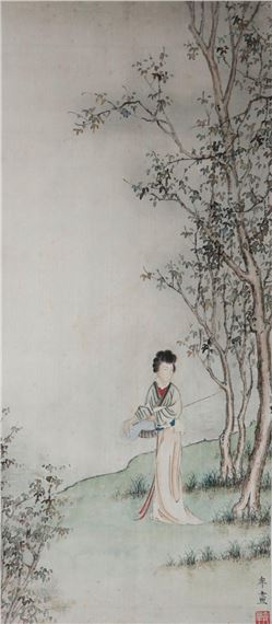 Two works: Woman in a boat leaning over lotuses ; Washerwoman - Qi Xin