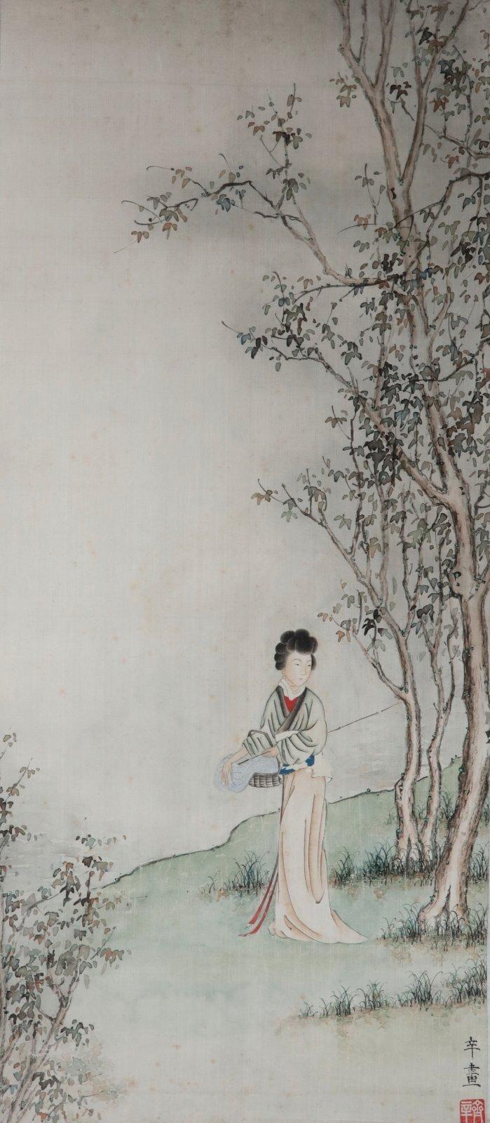 Artwork by Qi Xin, Two works: Woman in a boat leaning over lotuses ; Washerwoman, Made of Color ink on silk
