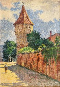 A sun-drenched impressionist view of a stone tower and brick wall under a bright sky.