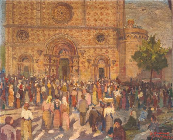 Piazza con figure davanti alla chiesa by Vasco Menegozzo