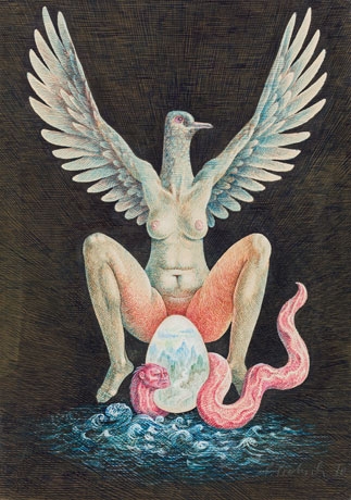 Artwork by Peter Proksch, Das Weltei, Made of Mixed media ink brush / ink pen / watercolor / colored chalk on paper, right