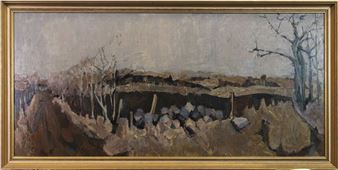A muted landscape painting of a rural scene with a stone wall, bare trees, and distant hills.