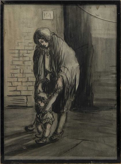 A somber charcoal drawing of a figure bending over a small child in a dimly lit interior.
