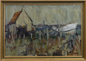 A textured landscape painting of a rustic house and garden in muted earth tones.