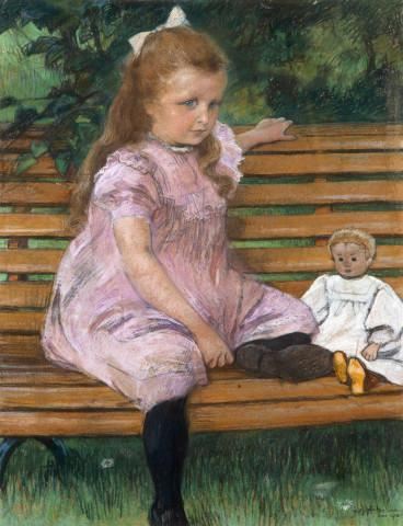 A girl in a pink dress with her doll on a park bench by Willy Sluiter, 1910