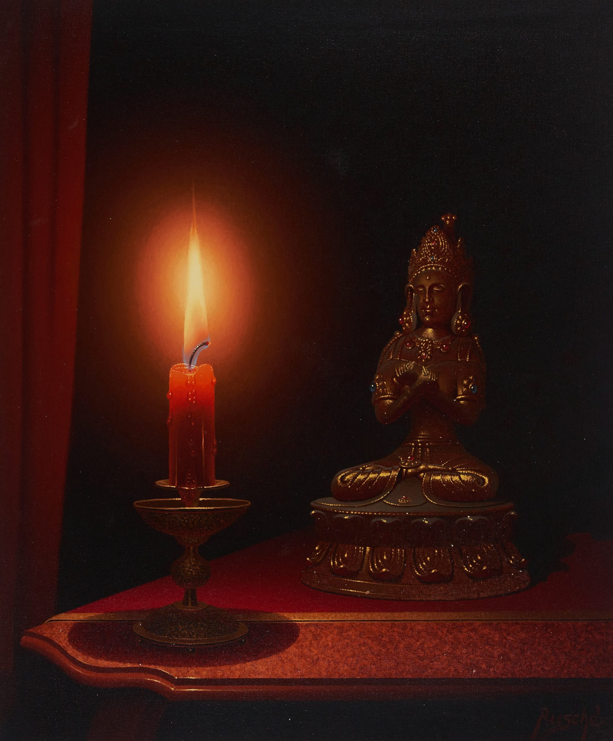 Rudy Ruschè | Red Candle and Bronze Statue | MutualArt