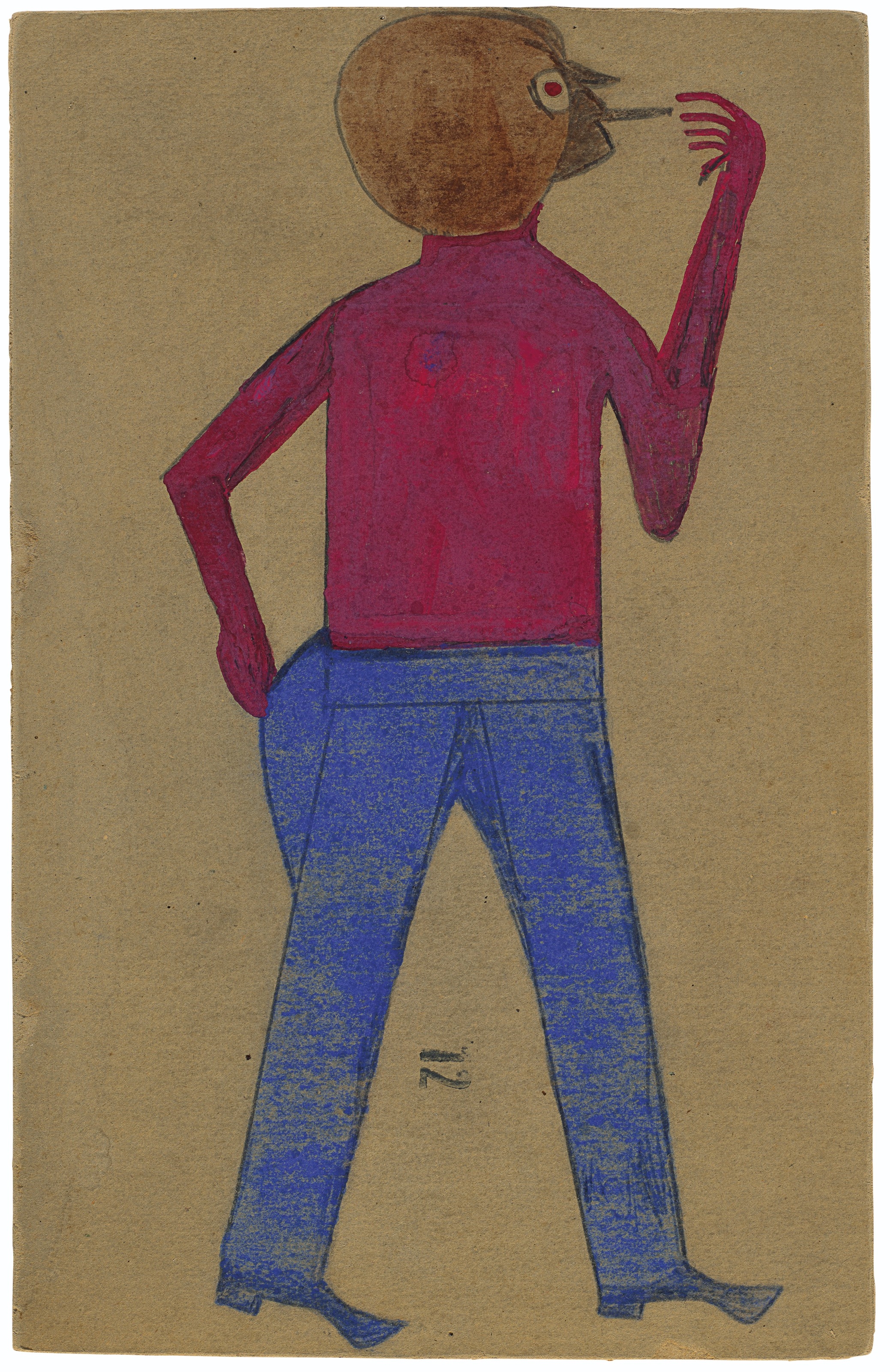 Artwork by Bill Traylor, Red-Eyed Man Smoking, Made of tempera and graphite on repurposed card