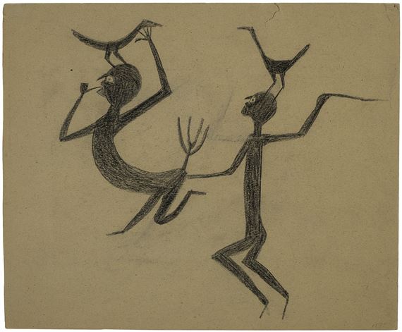 Two Figures with Pitchfork and Birds