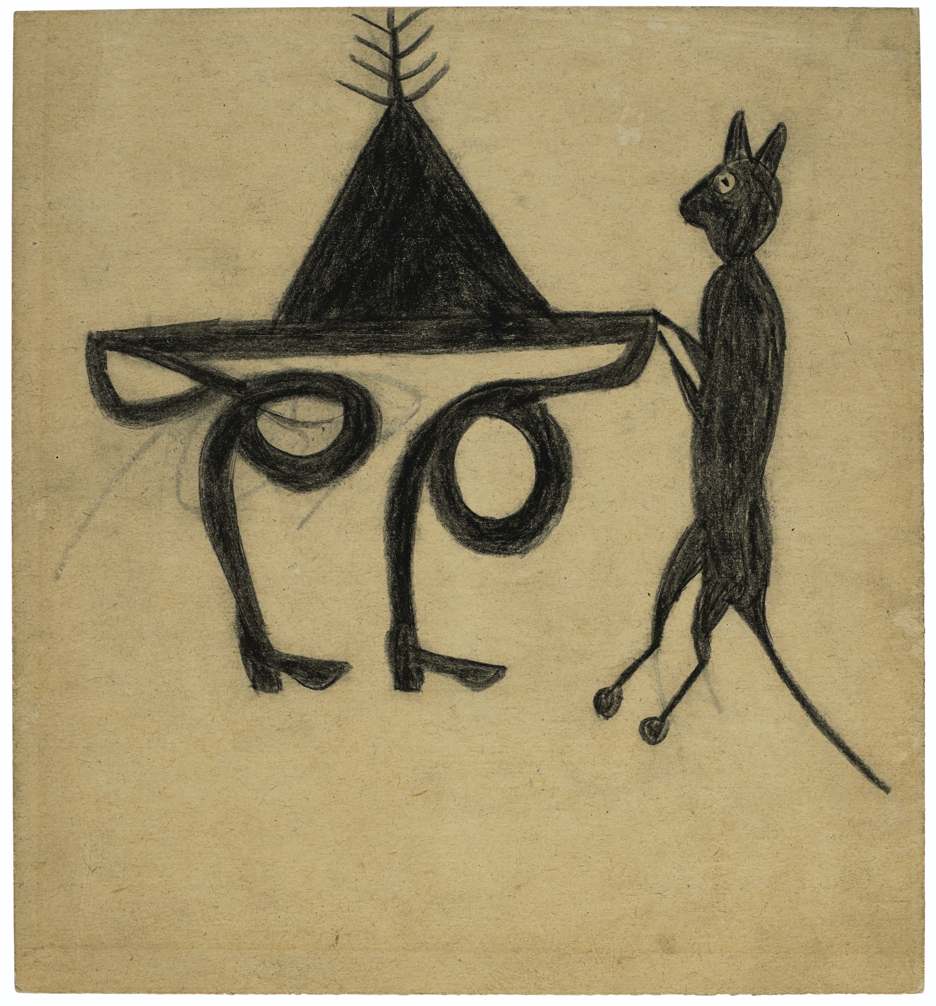 Artwork by Bill Traylor, Anthropomorphic Figure and Cat, Made of black pencil on repurposed card