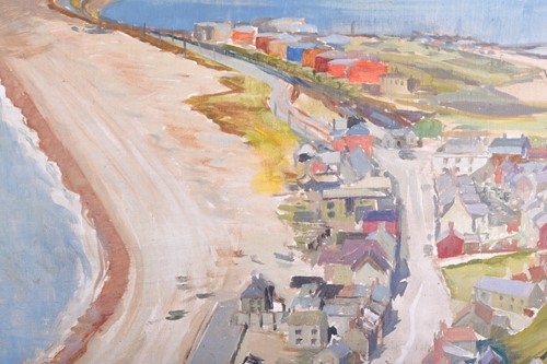 Artwork by Len. W. Randall, Chesil Beach & The fleet from Portland, Made of oil on canvas laid onto board