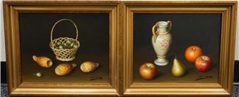 A diptych of still life paintings featuring woven baskets and ceramic vessels alongside fruit, rendered in a classical style.