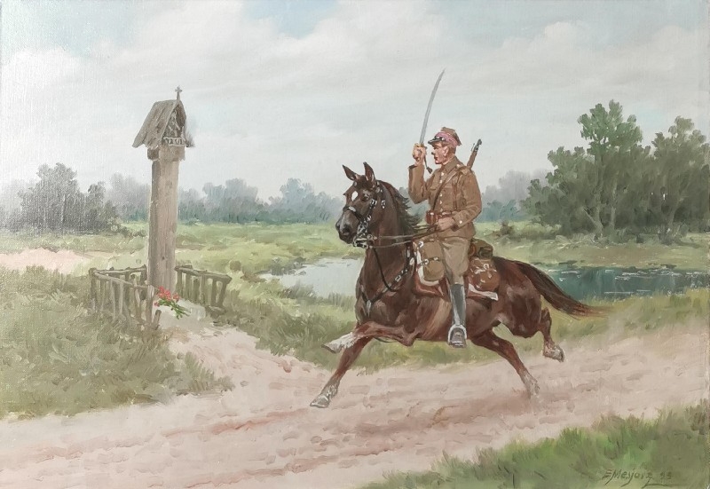 Artwork by Edward Mesjasz, Ułan przed kapliczką, Made of oil, canvas