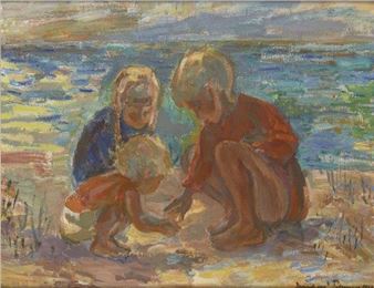 Three children playing on a beach - Bernhardt Pederson