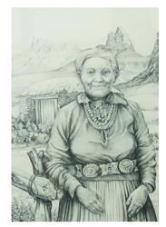 Showing a mature Navajo woman wearing jewelry, and in front of her hogan somewhere in Navajoland - Alan Hutchinson