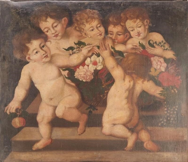 Antique painting of cherubs at play by Italian School, 19th Century
