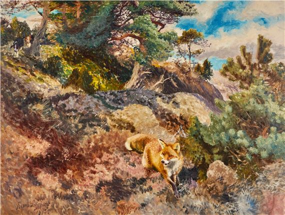 Räv jagandes av stövare i höstlandskap by Bruno Liljefors, 1915