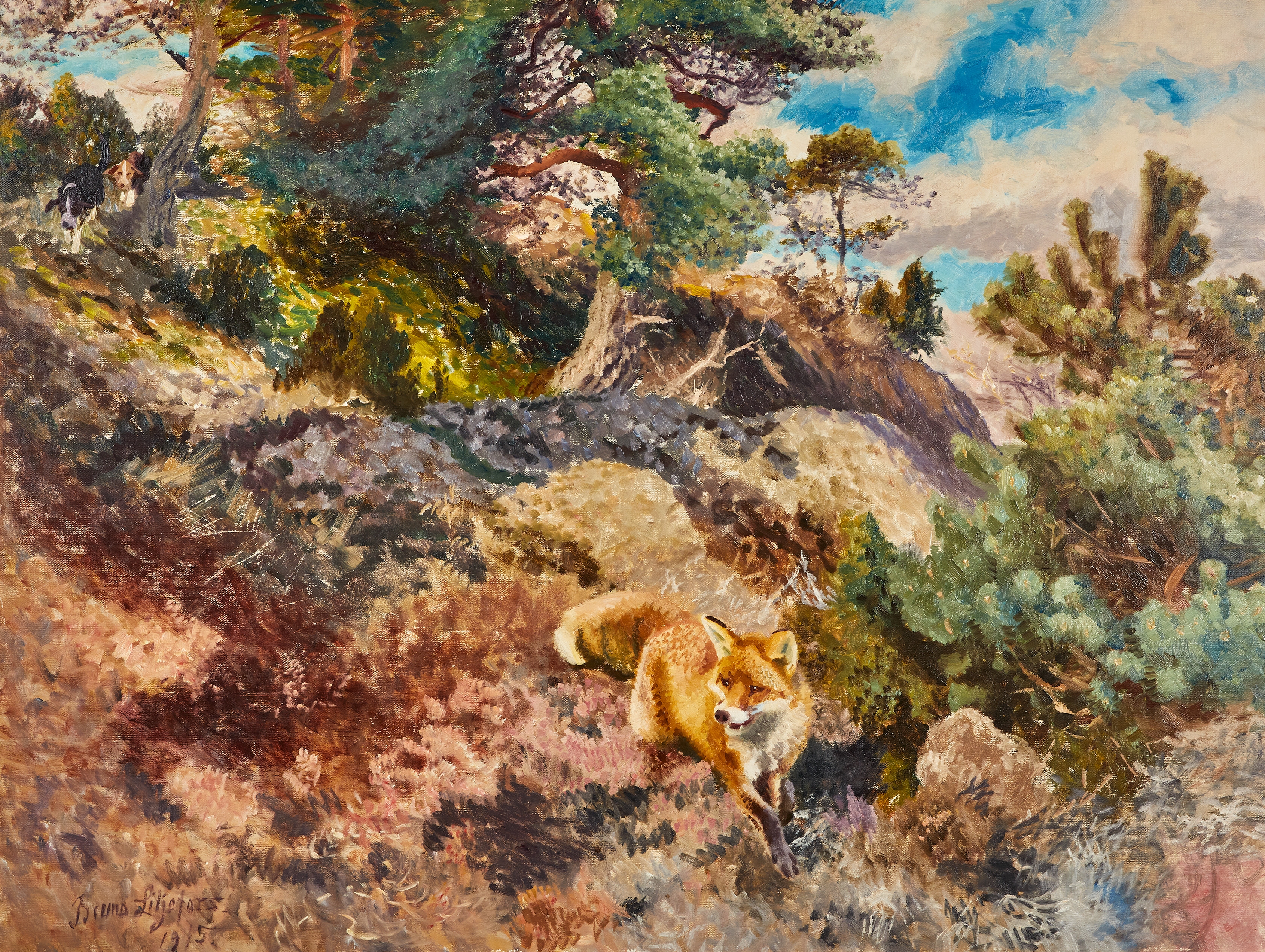 Artwork by Bruno Liljefors, Räv jagandes av stövare i höstlandskap, Made of Oil on canvas