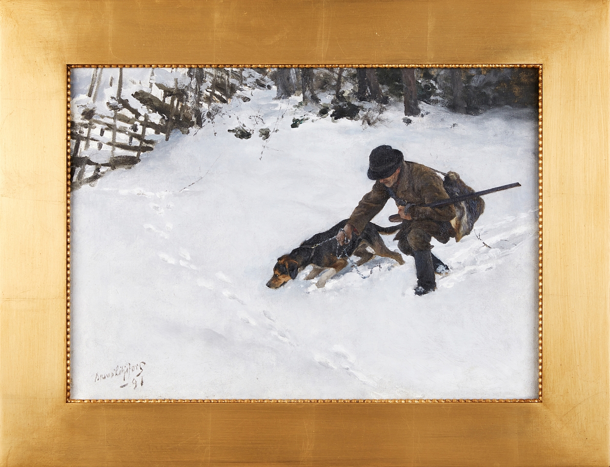 Artwork by Bruno Liljefors, Jägare med stövare, Made of Oil on canvas