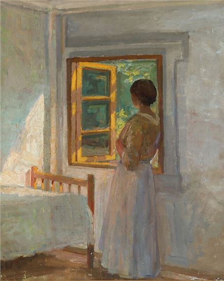 A woman standing by an open sunlit window by Eiler Sørensen