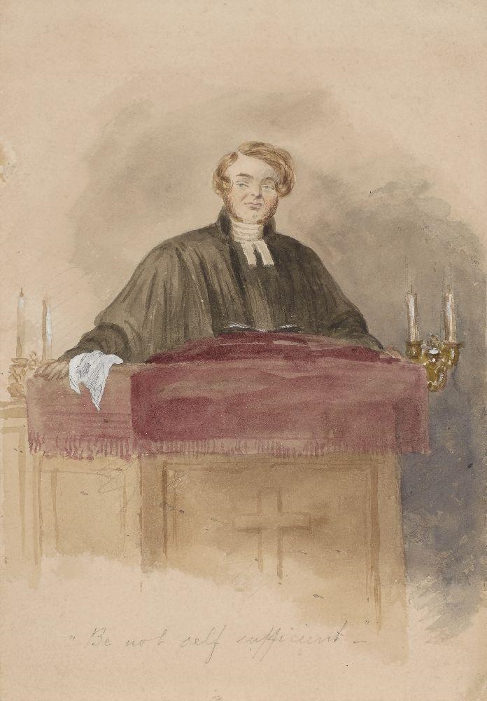 Artwork by Andrew Morton, Clergyman at the pulpit, Made of watercolour and pencil