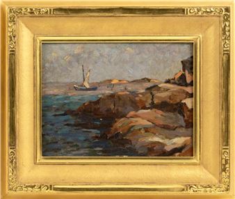 Rocky coastline and sailboat. - Gershon Camassar