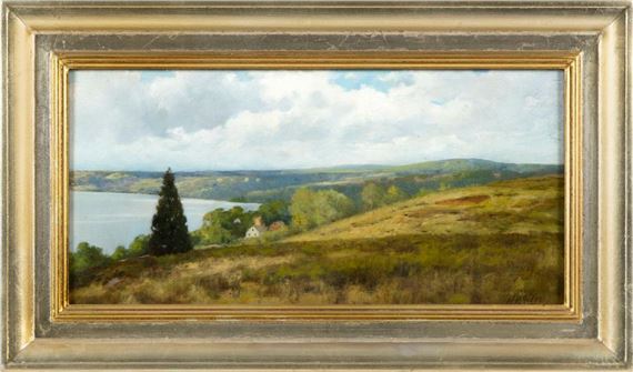 Looking down toward a coastal village. by Horace P. Giles