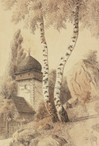 Artwork by A. Filip, Birches with chapel, Made of ink, paper