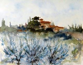 Tuscan Villa through Orchard - Italian Tour by Valerie Ganz, 1979
