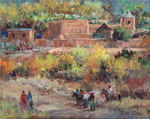 The Southwest view of figures before a complex of adobe structures in a summer landscape by Tom Talbot, Late 20th Century