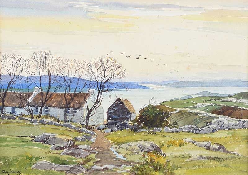 Artwork by Theodore James Gracey, THATCHED COTTAGES, DONEGAL, Made of Watercolour Drawing