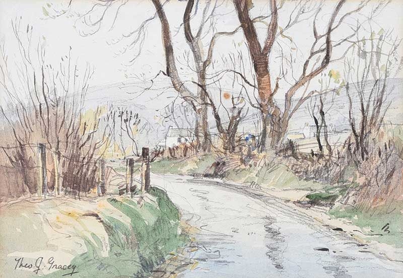 Artwork by Theodore James Gracey, A COUNTRY LANE, Made of Watercolour Drawing