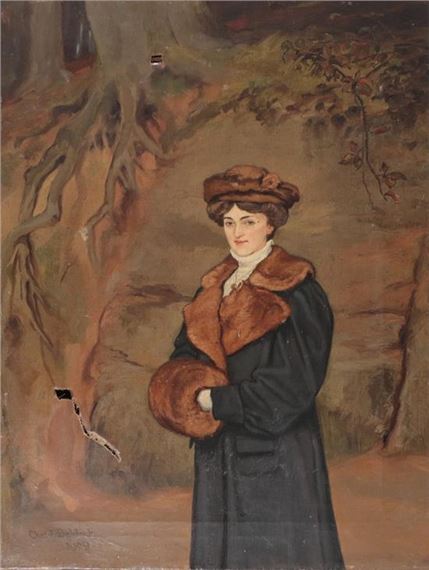 Portrait of an elegant lady wearing a brown fur muff with matching hat and trimmed overcoat by Charles Edwin M. Baldock, 1909
