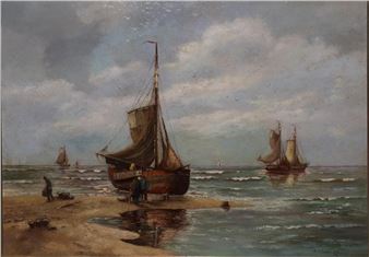 German Shipping scene with figure unloading the day's catch - Hans Wacker
