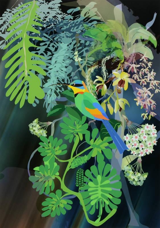 Artwork by Max Fulcher, Moon Shadow Kingfisher, Orchids and Hoya, Made of print