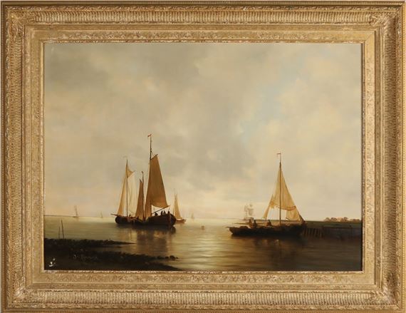 Hollandse schepen op kalme zee bij avond by Johannes Cornelis van Rijsewijk, 20e Eeuw