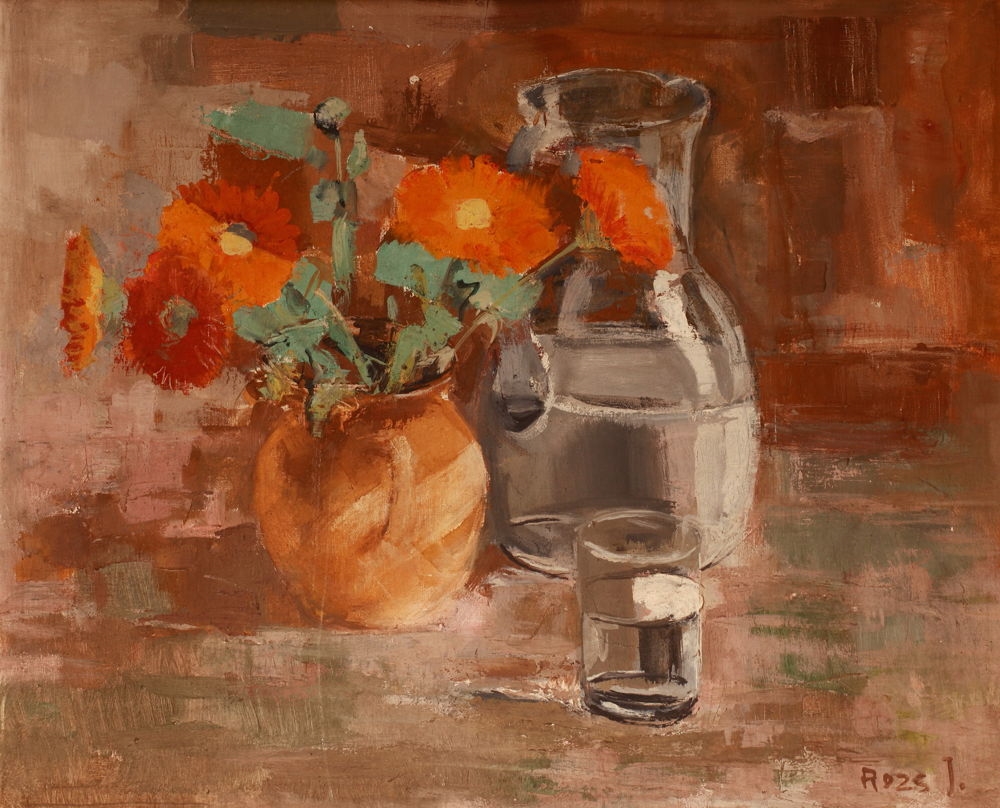 Artwork by János Rozs, Still Life with Flowers, Made of oil, canvas