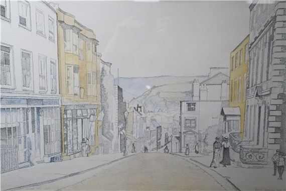 Wash drawing of School Hill, Lewes as in 1905 - Robin Johnson