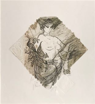 A monochromatic lithograph of a nude figure holding an ornate bird, framed within a diamond shape.