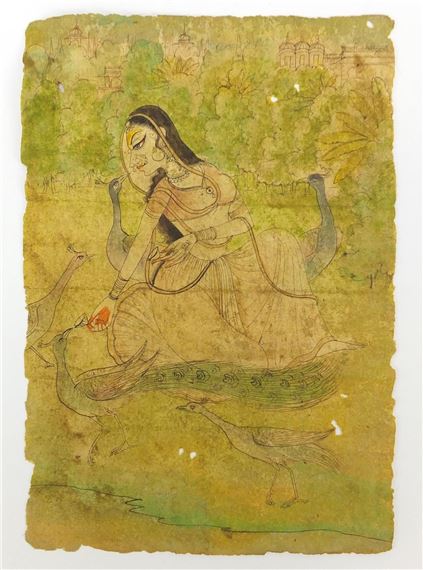 Royal lady feeding peacocks by Indian School, 18th Century