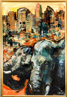 two elephants in front of urban scenery - Georgi Dimov